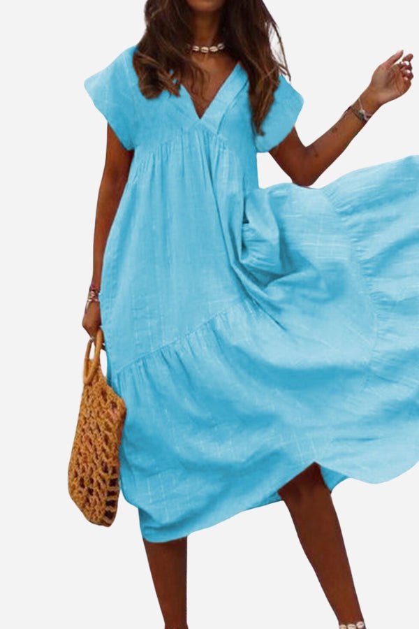 Amaya | Women's V-Neck Midi Dress with Tiered Design and Flutter Sleeves