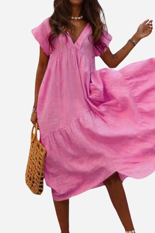 Amaya | Women's V-Neck Midi Dress with Tiered Design and Flutter Sleeves