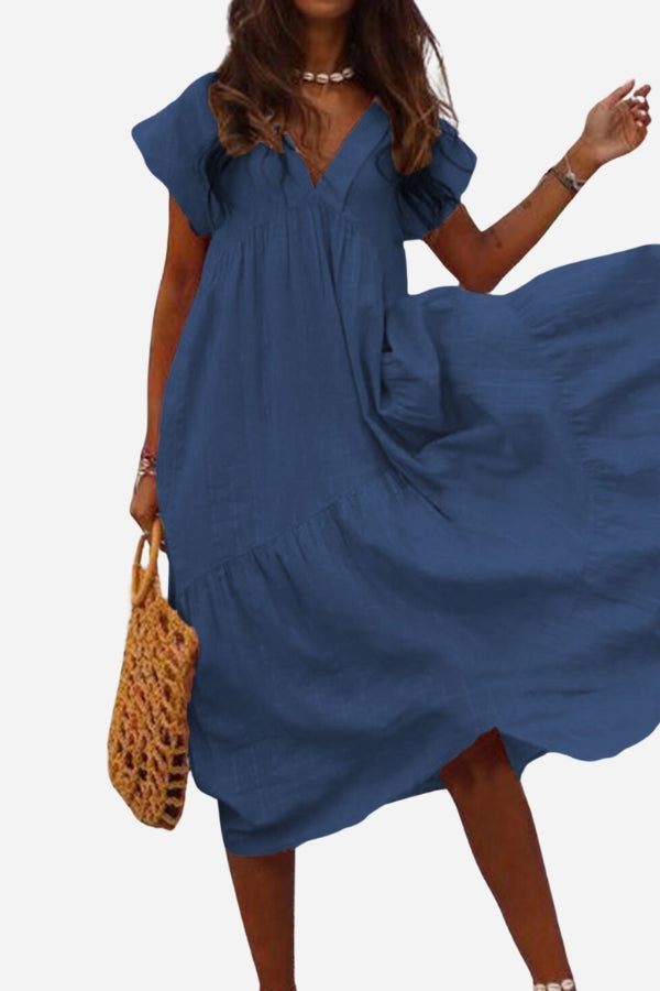 Amaya | Women's V-Neck Midi Dress with Tiered Design and Flutter Sleeves