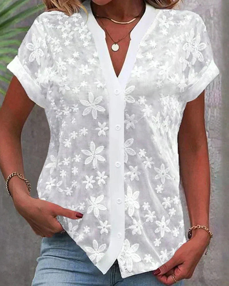 Claire | Women's Short Sleeve Floral Lace Button-Down Blouse