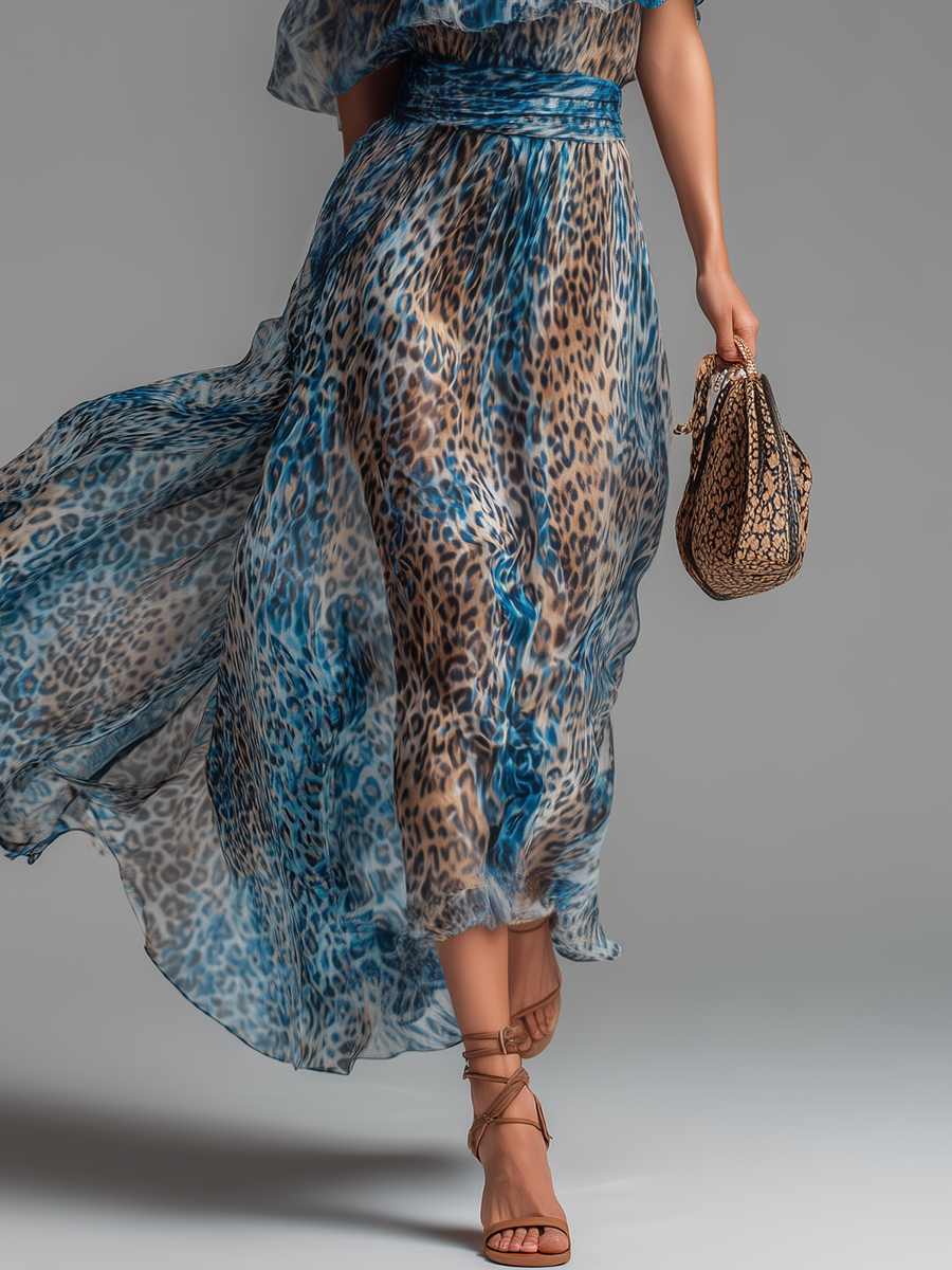 Gianna | Stylish And Elegant Off-the-shoulder Short-sleeved Leopard Print Chiffon Maxi Dress