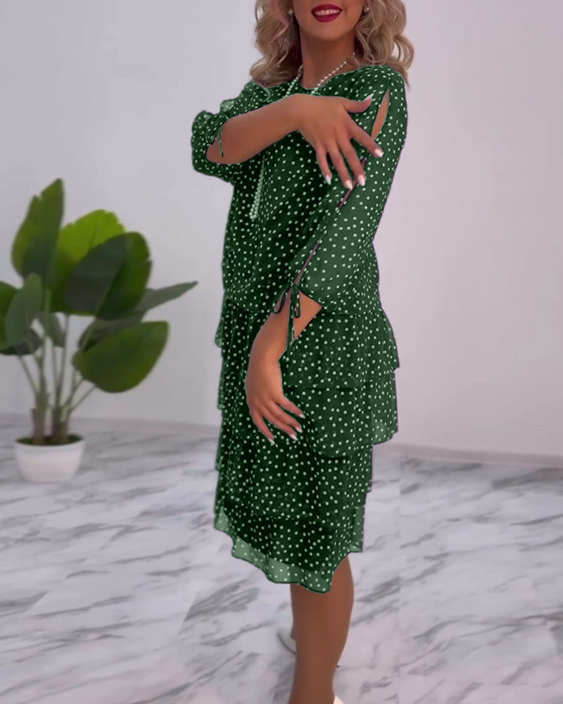 Dotty | Women's Polka Dot Tiered Midi Dress 3/4 Sleeve Chiffon