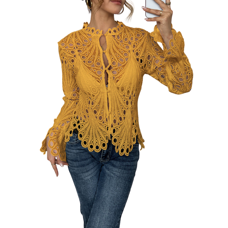 Bianca | Women's Lace Cutwork Blouse Long Sleeve Hollow Out Top