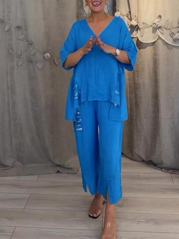 Avery | Women's Casual 2-Piece Set with V-Neck Top and Cropped Trousers