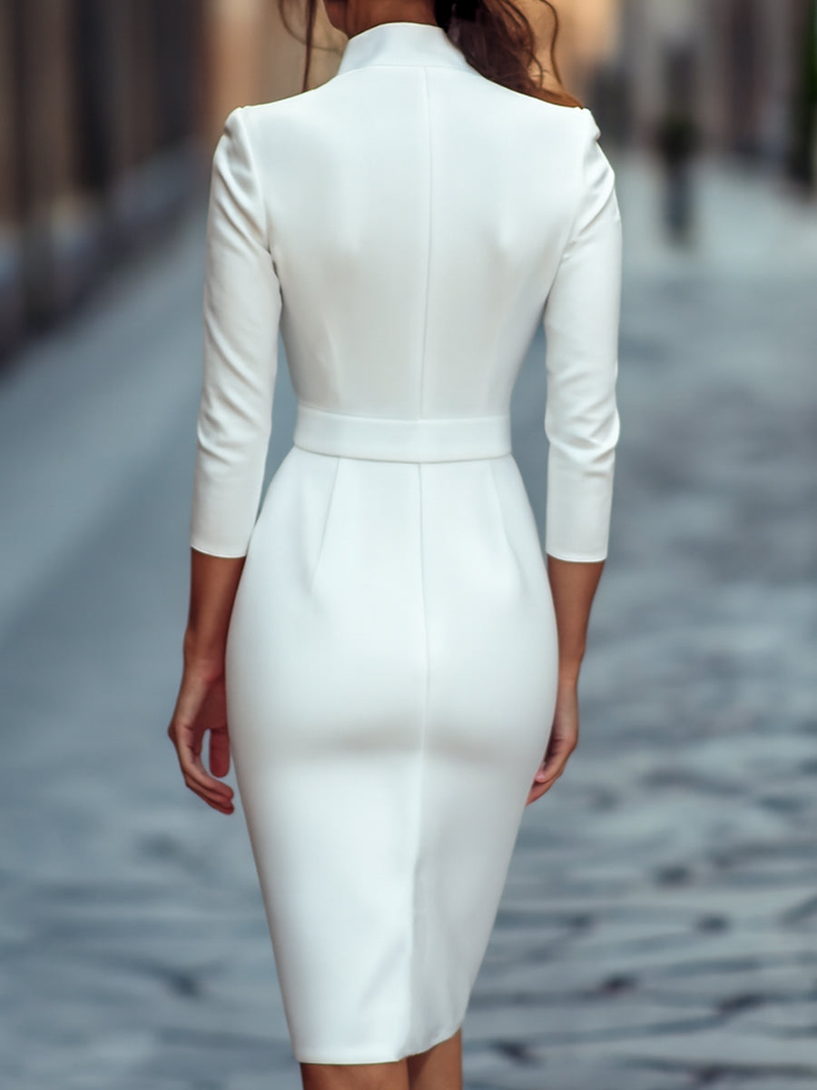 Ariana | Elegant Black Sheath Dress with Belt and Mandarin Collar