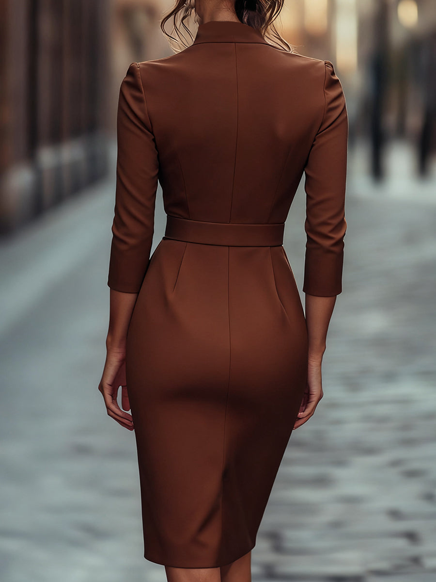 Ariana | Elegant Black Sheath Dress with Belt and Mandarin Collar