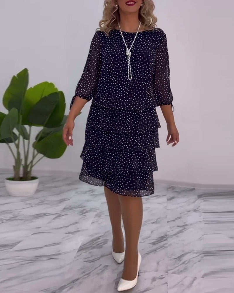 Dotty | Women's Polka Dot Tiered Midi Dress 3/4 Sleeve Chiffon