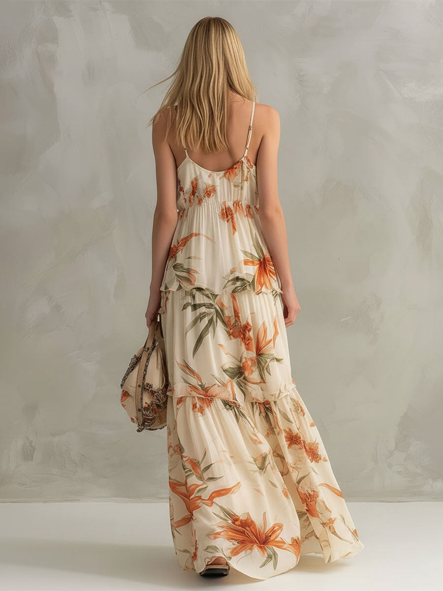 Anastelle | Fashionable Retro Printed Ruffled Off-white V-neck Chiffon Maxi Dress