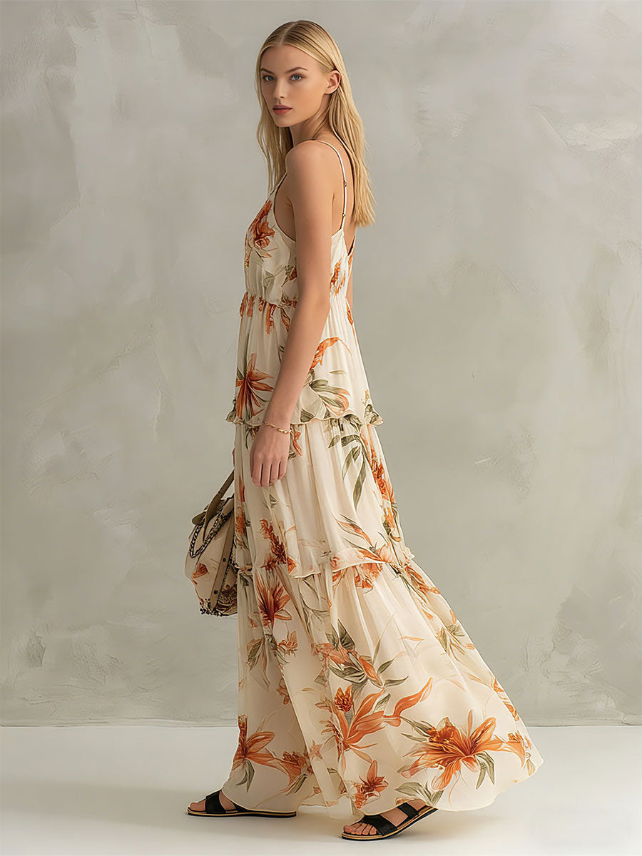 Anastelle | Fashionable Retro Printed Ruffled Off-white V-neck Chiffon Maxi Dress