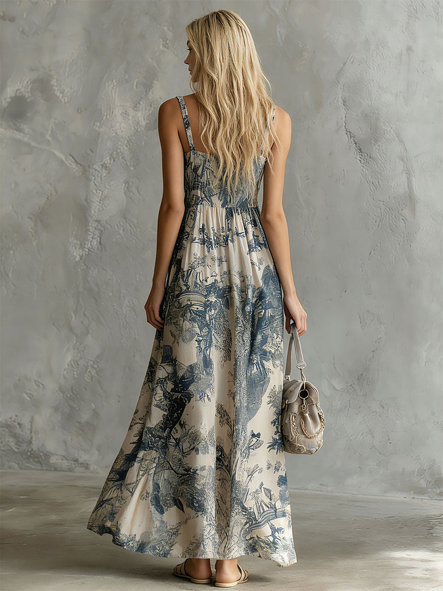 Colette | Retro Elegant Blue Floral Print Sleeveless Square Neck Chiffon Maxi Dress