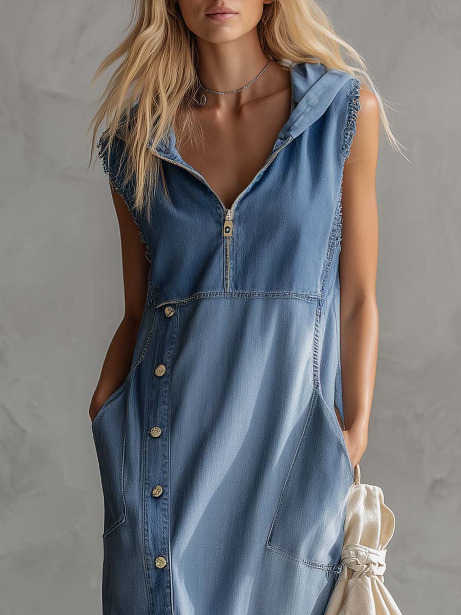 Delaney | Exquisite Vintage Casual Hooded V-neck Zipper Side Slits Buttons Blue Denim Midi Dress