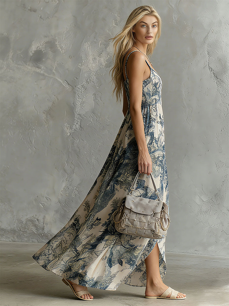 Colette | Retro Elegant Blue Floral Print Sleeveless Square Neck Chiffon Maxi Dress