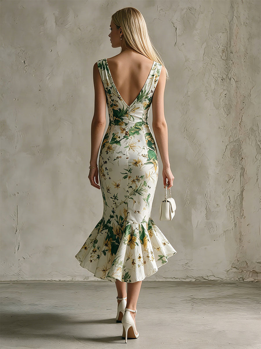 Annalise | Fashionable Retro Green Printed White Sleeveless V-neck Ruffled Chiffon Midi Dress