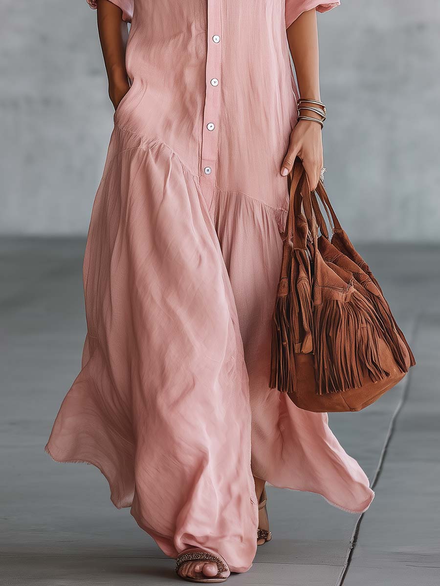 Calista | Casual Retro Western V-neck Front Button Short Sleeve Pink Cotton Linen Shirt Maxi Dress