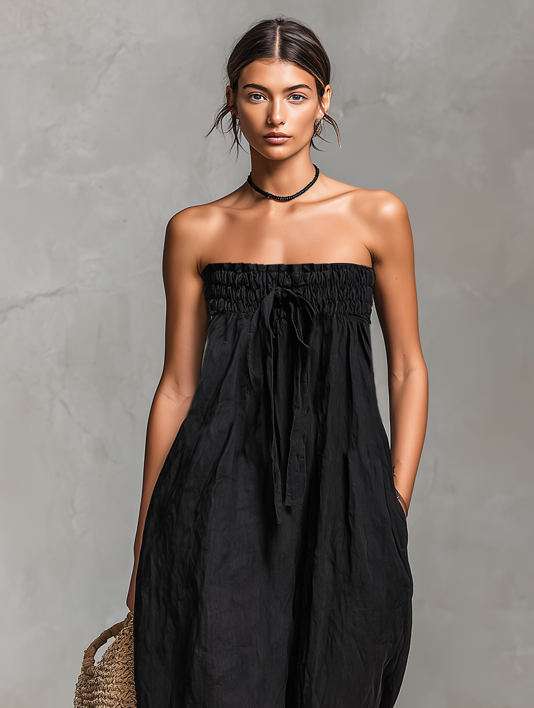 Harriet | Women's Strapless Loose Fit Jumpsuit With Tie Closure