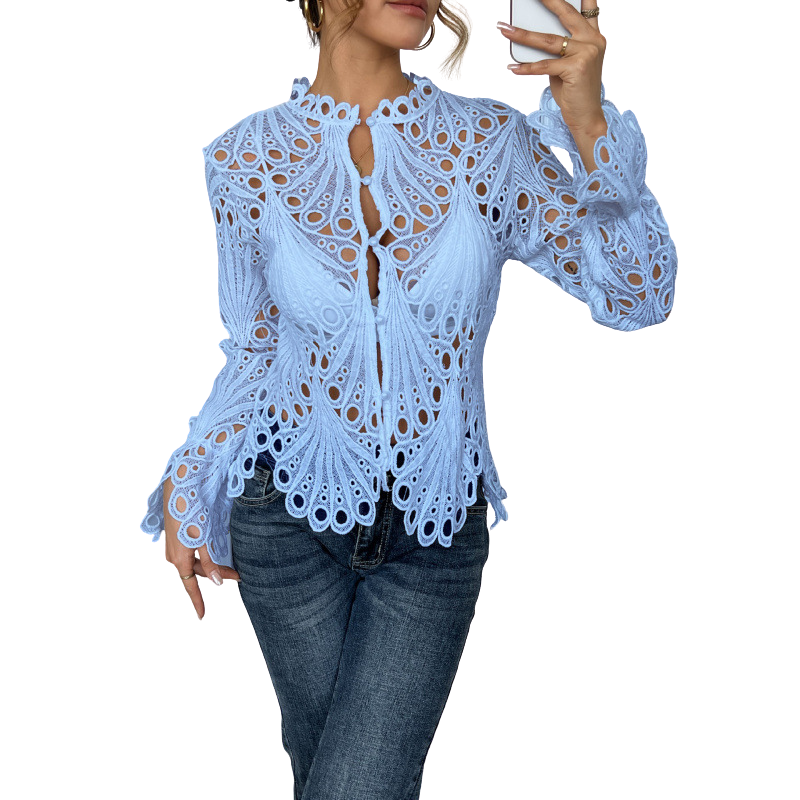 Bianca | Women's Lace Cutwork Blouse Long Sleeve Hollow Out Top
