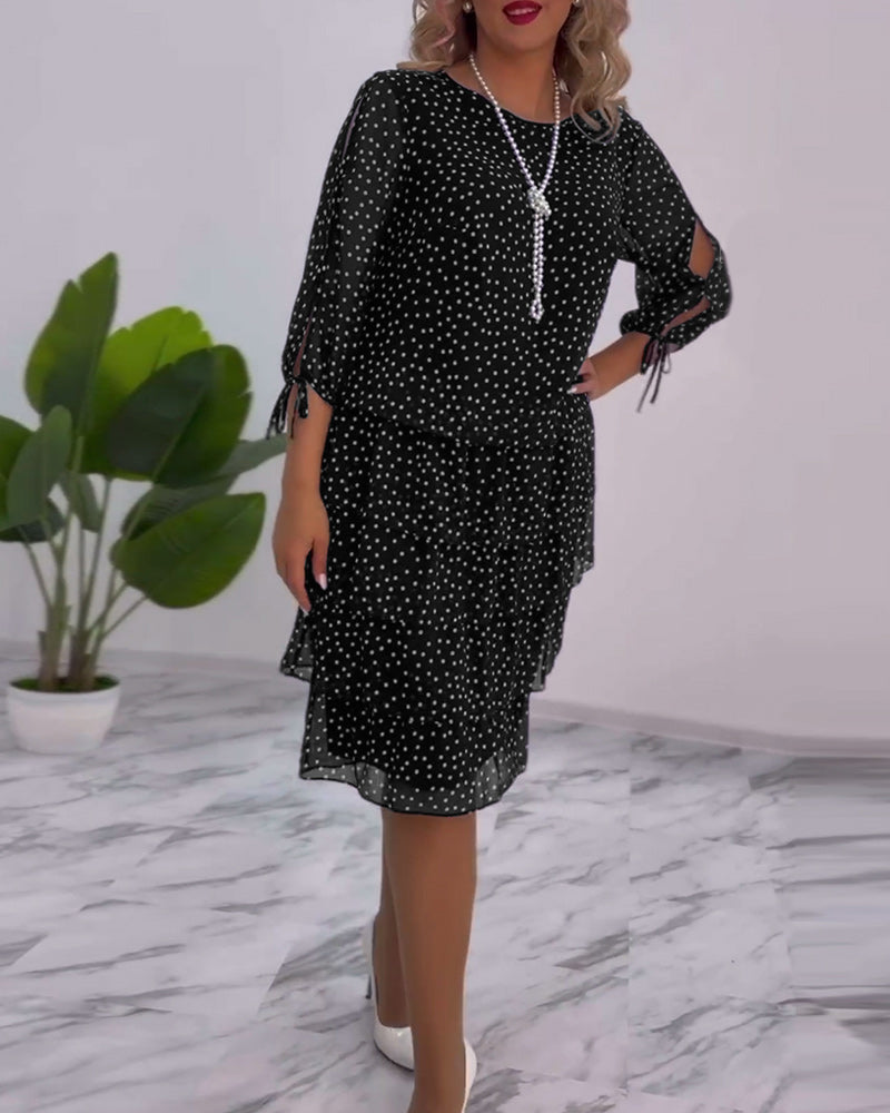 Dotty | Women's Polka Dot Tiered Midi Dress 3/4 Sleeve Chiffon