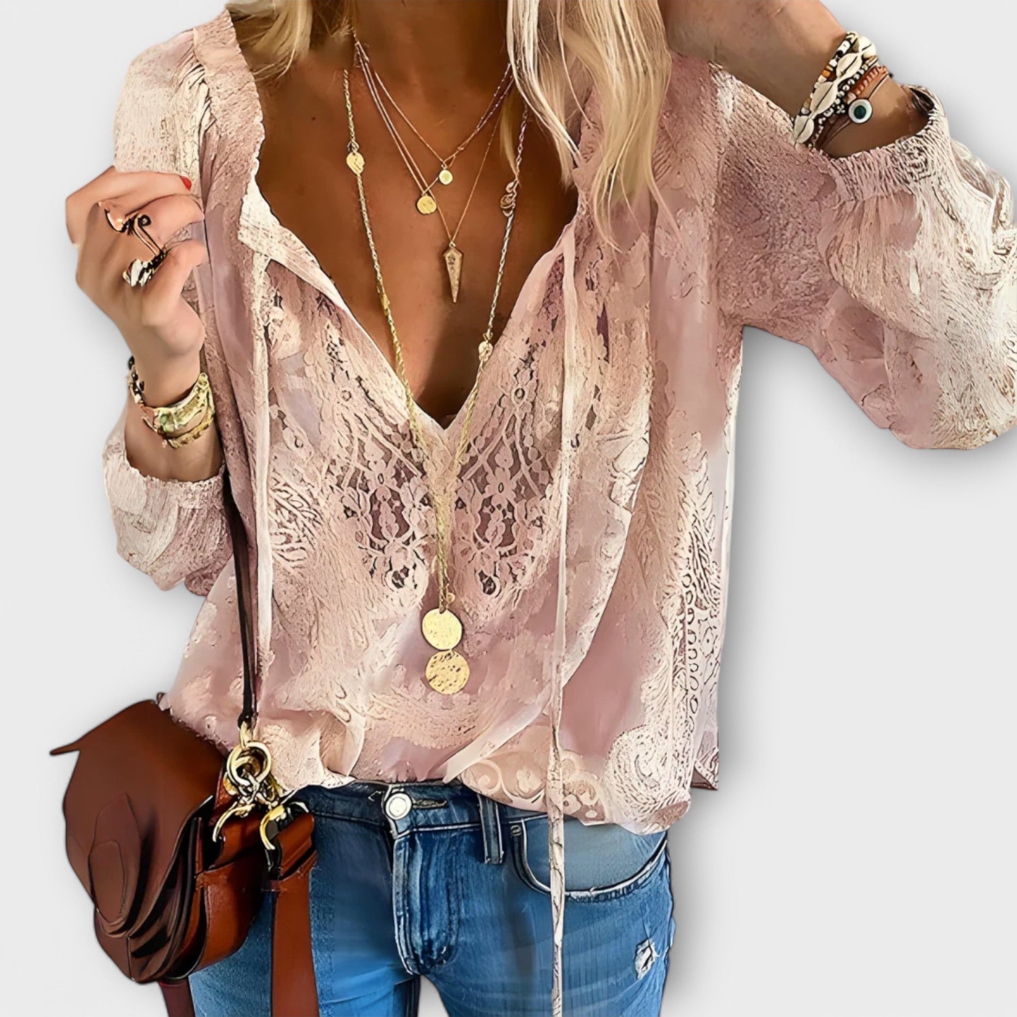 Clara | Boho Lace Blouse with V-Neck and Long Sleeves