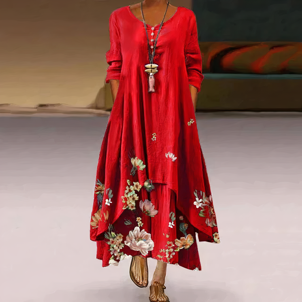 Flora | Women's Floral Print Long Sleeve Loose Maxi Dress