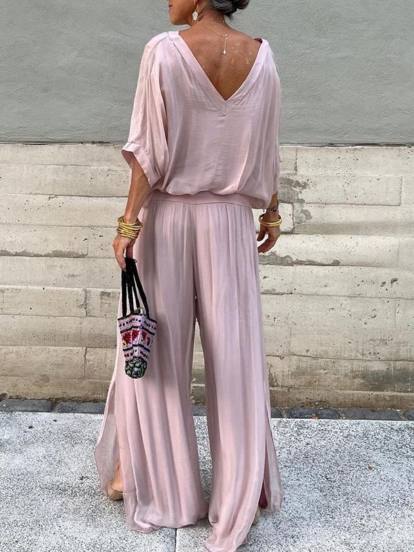 Celeste | Women's V-Neck Jumpsuit with Batwing Sleeves and Wide Legs