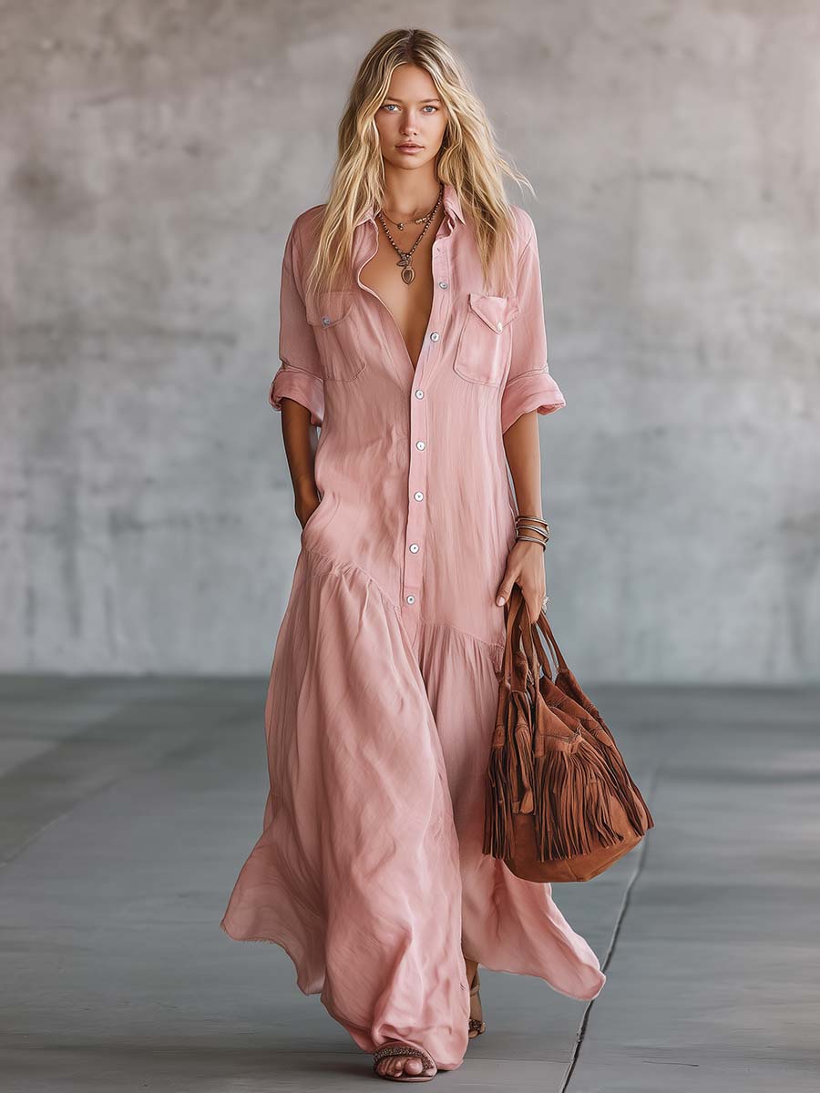 Calista | Casual Retro Western V-neck Front Button Short Sleeve Pink Cotton Linen Shirt Maxi Dress