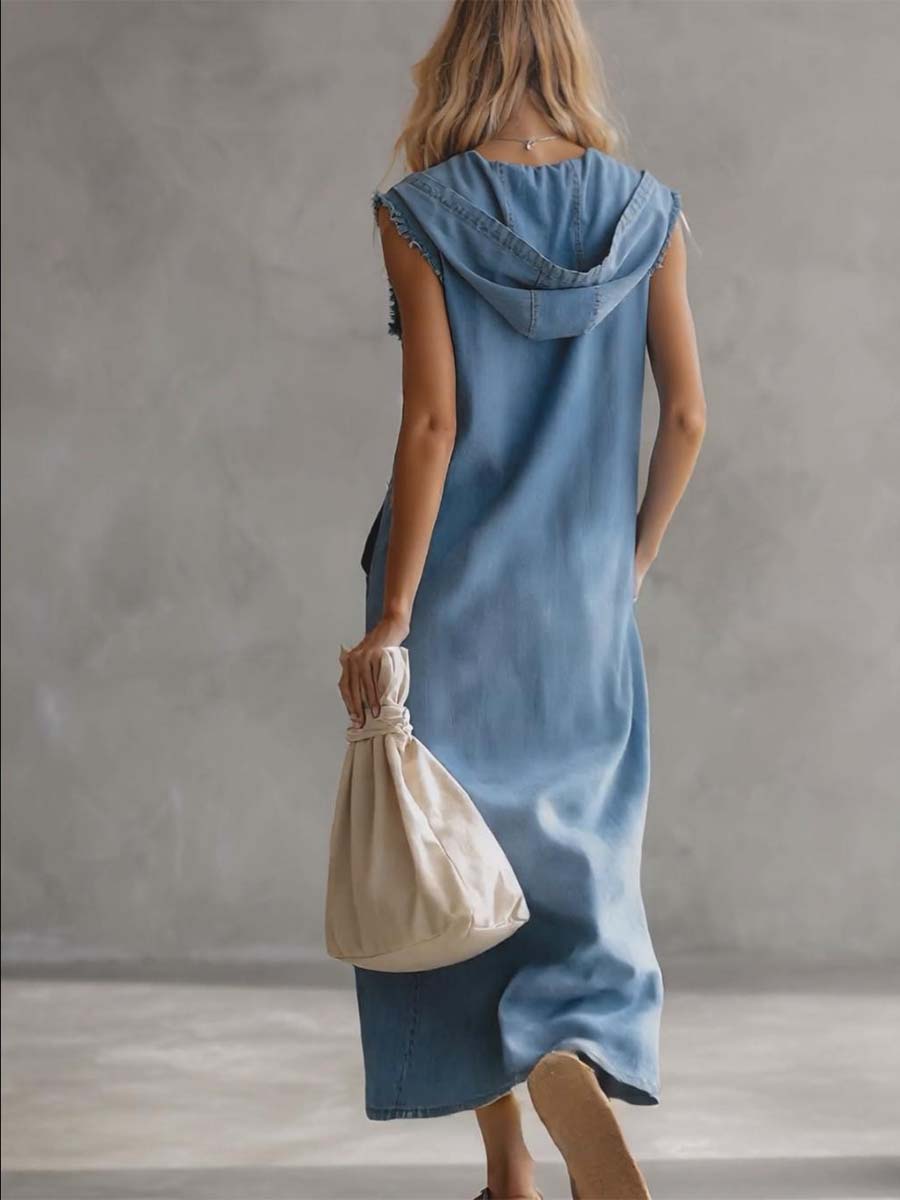 Delaney | Exquisite Vintage Casual Hooded V-neck Zipper Side Slits Buttons Blue Denim Midi Dress