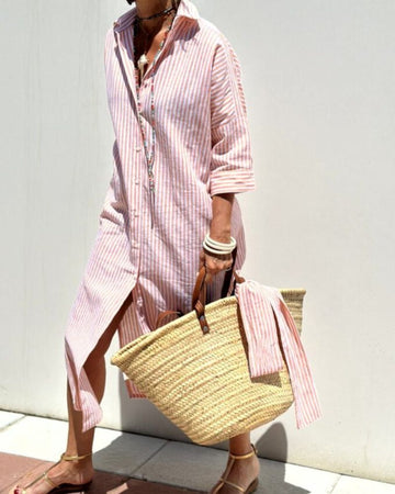 Ellison | Women's Striped Shirt Dress with Button Closure and Side Pockets