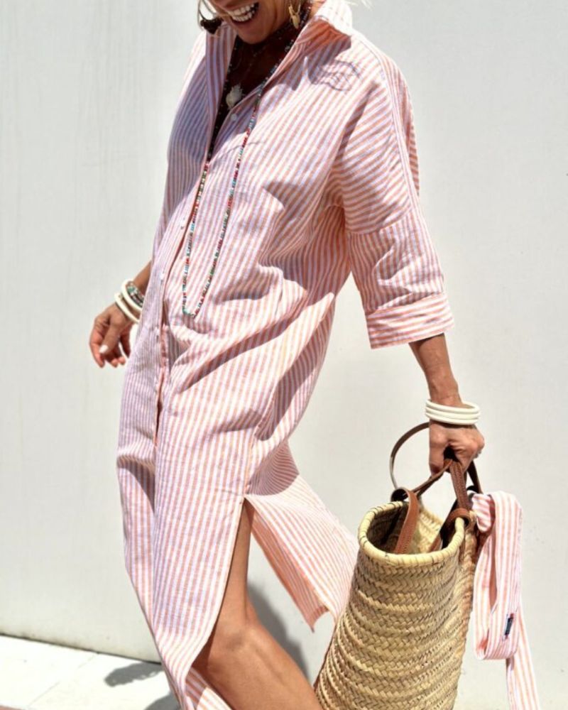 Ellison | Women's Striped Shirt Dress with Button Closure and Side Pockets