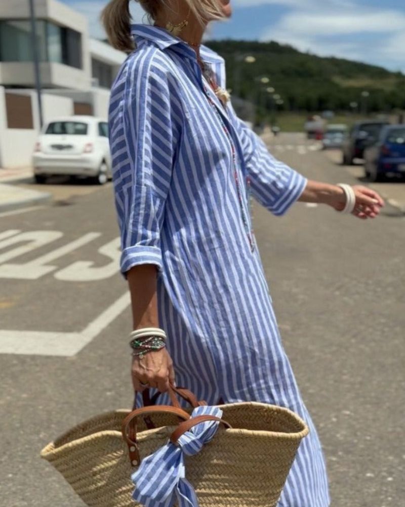 Ellison | Women's Striped Shirt Dress with Button Closure and Side Pockets