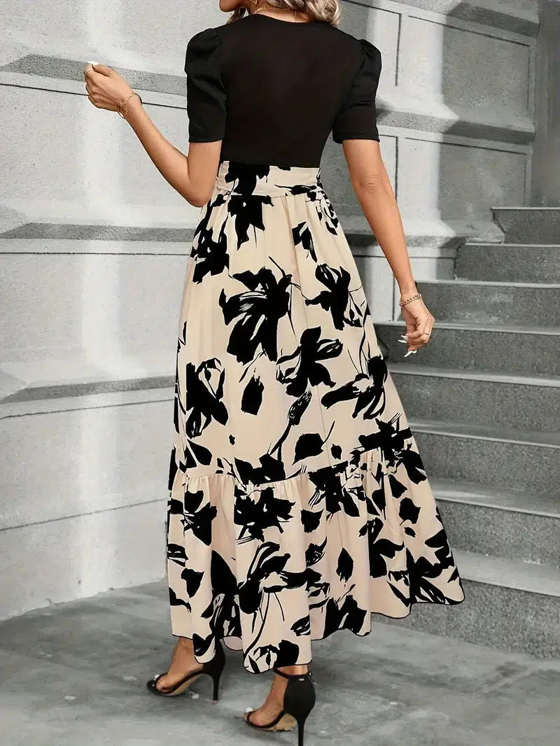 Elise | Women's Puff Sleeve Floral Maxi Dress with Tie Waist