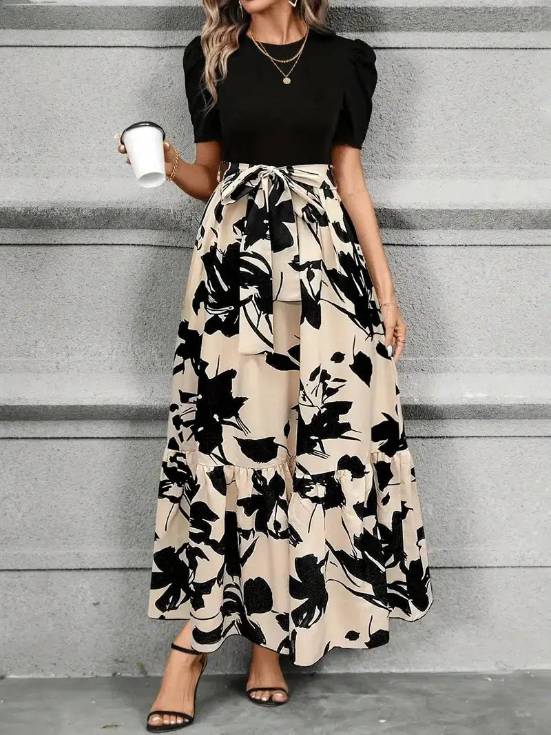 Elise | Women's Puff Sleeve Floral Maxi Dress with Tie Waist