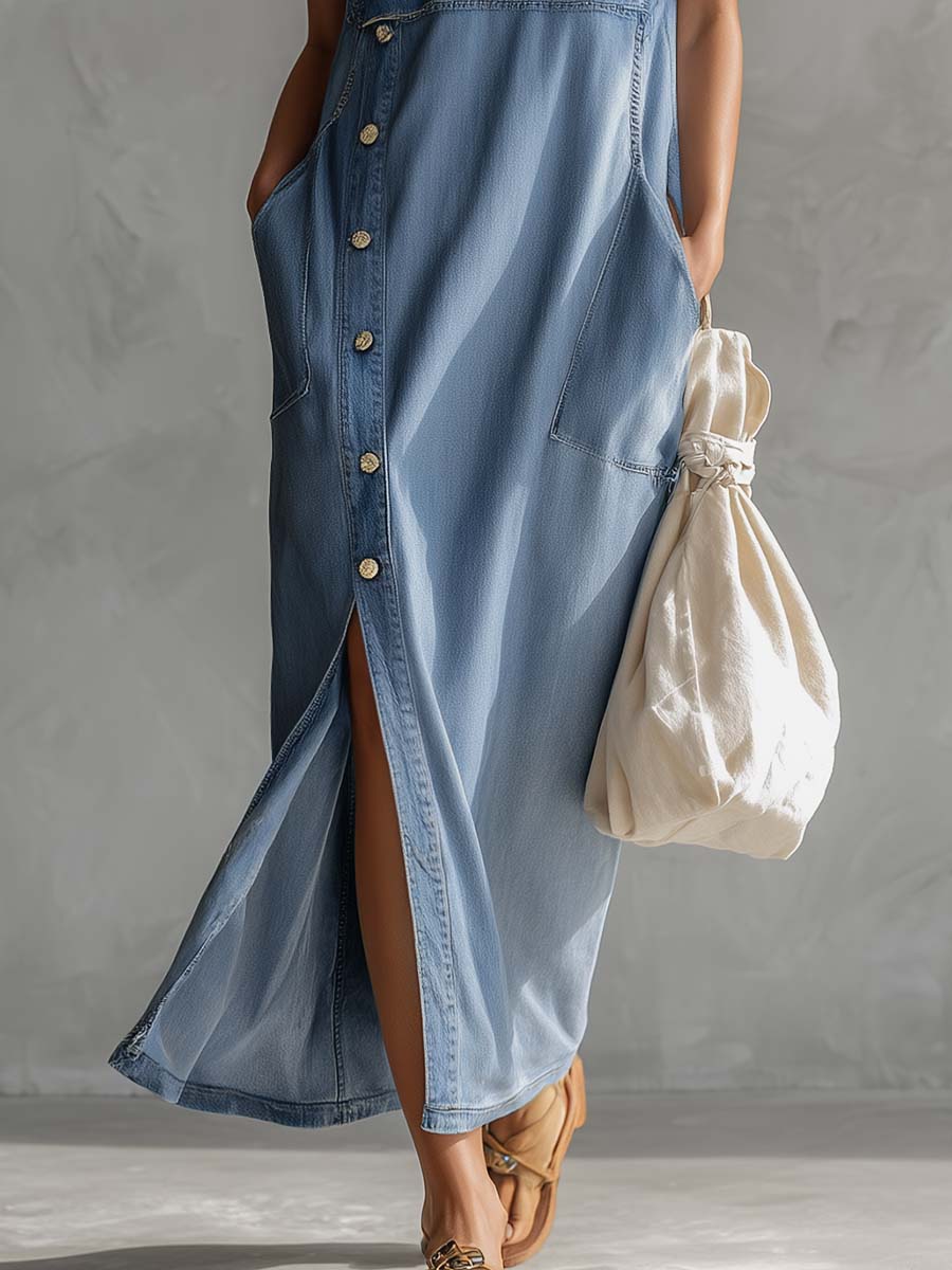 Delaney | Exquisite Vintage Casual Hooded V-neck Zipper Side Slits Buttons Blue Denim Midi Dress
