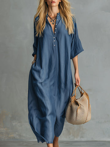 Georgia | Retro Blue Tencel Denim Short-sleeved Maxi Dress