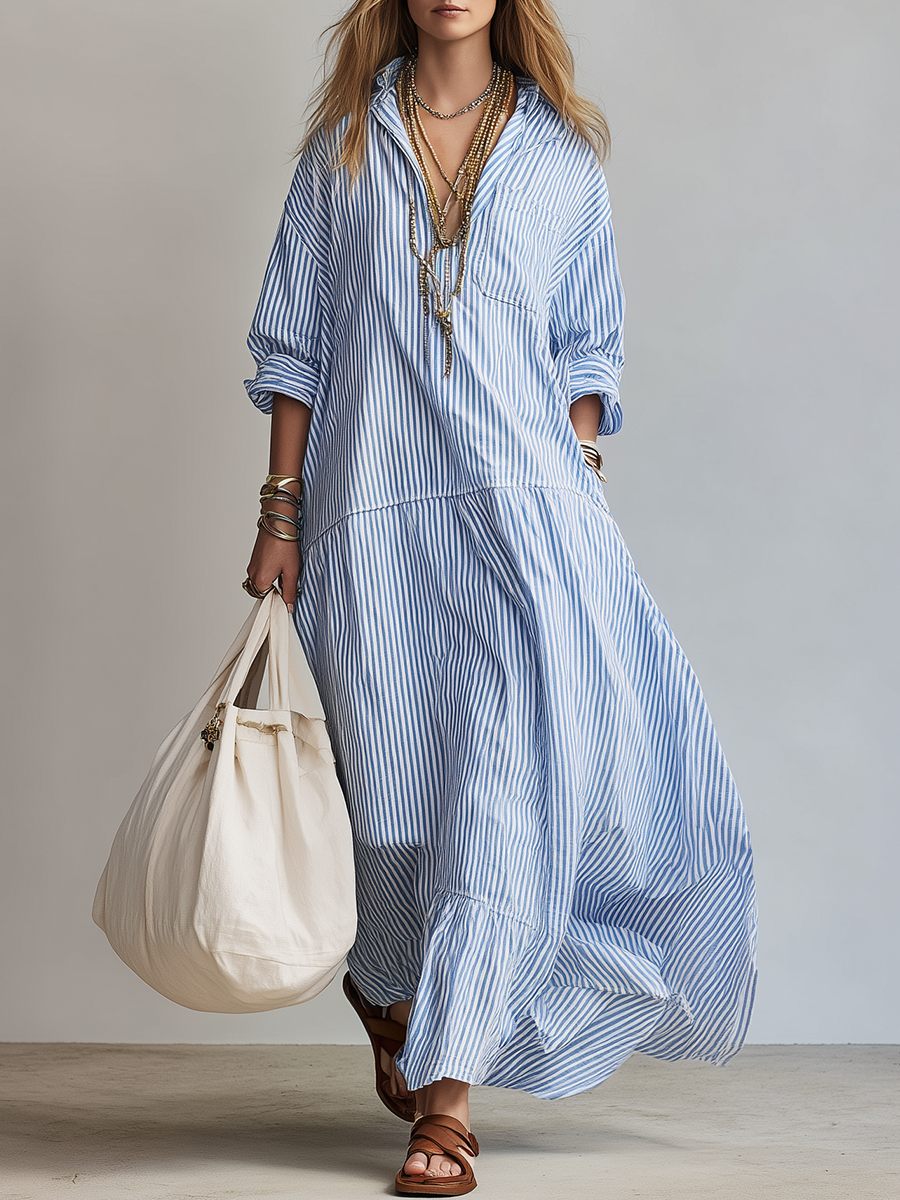 Charlotte | Women's Striped Button Front Oversized Maxi Shirt Dress
