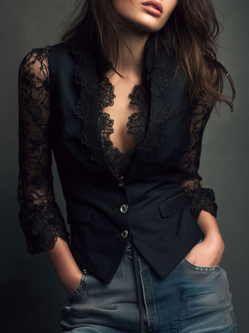 Elegant Black Lace Panel Sleeve Blazer Top