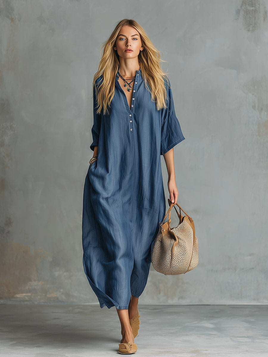 Georgia | Retro Blue Tencel Denim Short-sleeved Maxi Dress