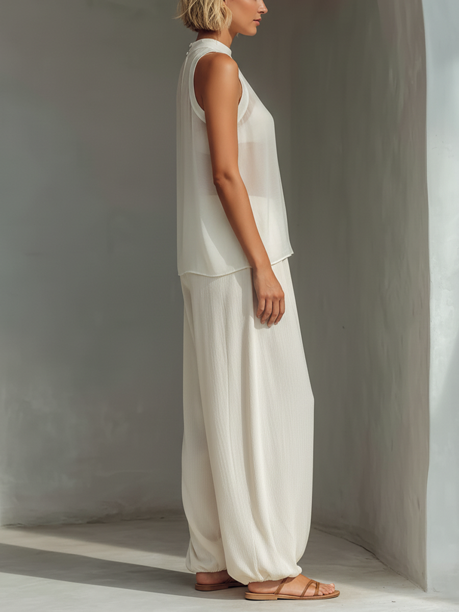 Annabelle | Women's Sleeveless Chiffon Top And Drawstring Wide Leg Trousers Set