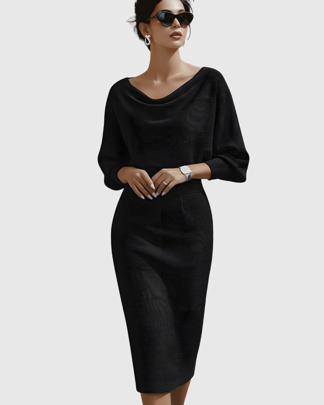 Adriana | Women's Midi Dress with Cowl Neck and Batwing Sleeves