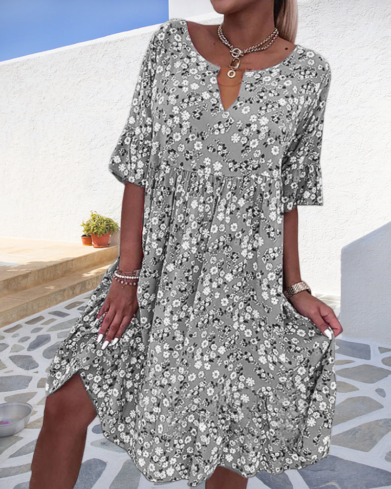 Evabelle | Women's Floral Print Midi Dress with V-Neck and Short Sleeves