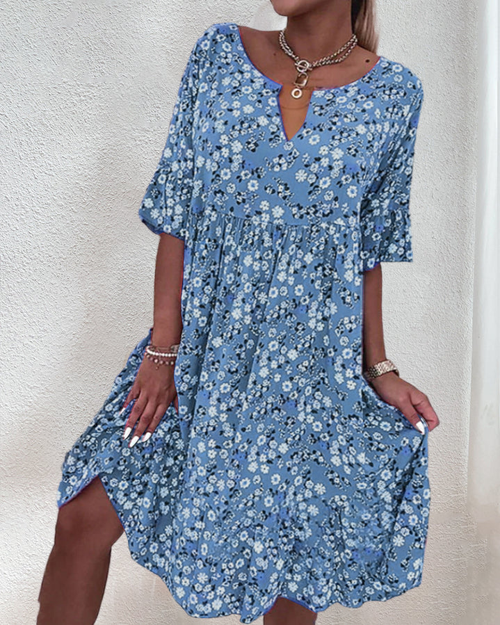 Evabelle | Women's Floral Print Midi Dress with V-Neck and Short Sleeves