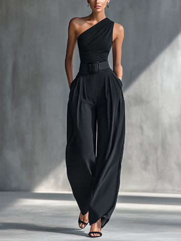 Avery | Women's Black High-elastic Knit Top And Wide-leg Pants