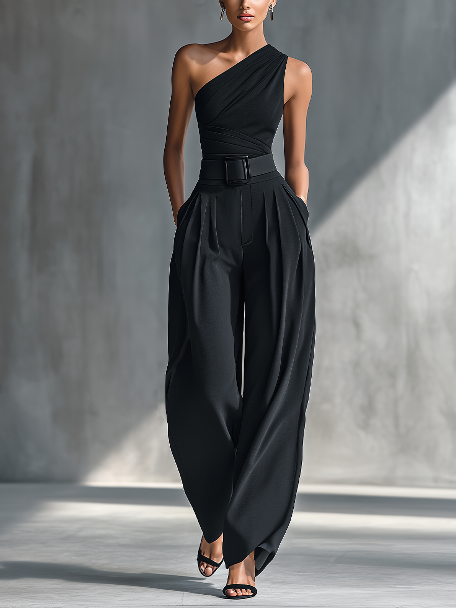 Avery | Women's Black High-elastic Knit Top And Wide-leg Pants