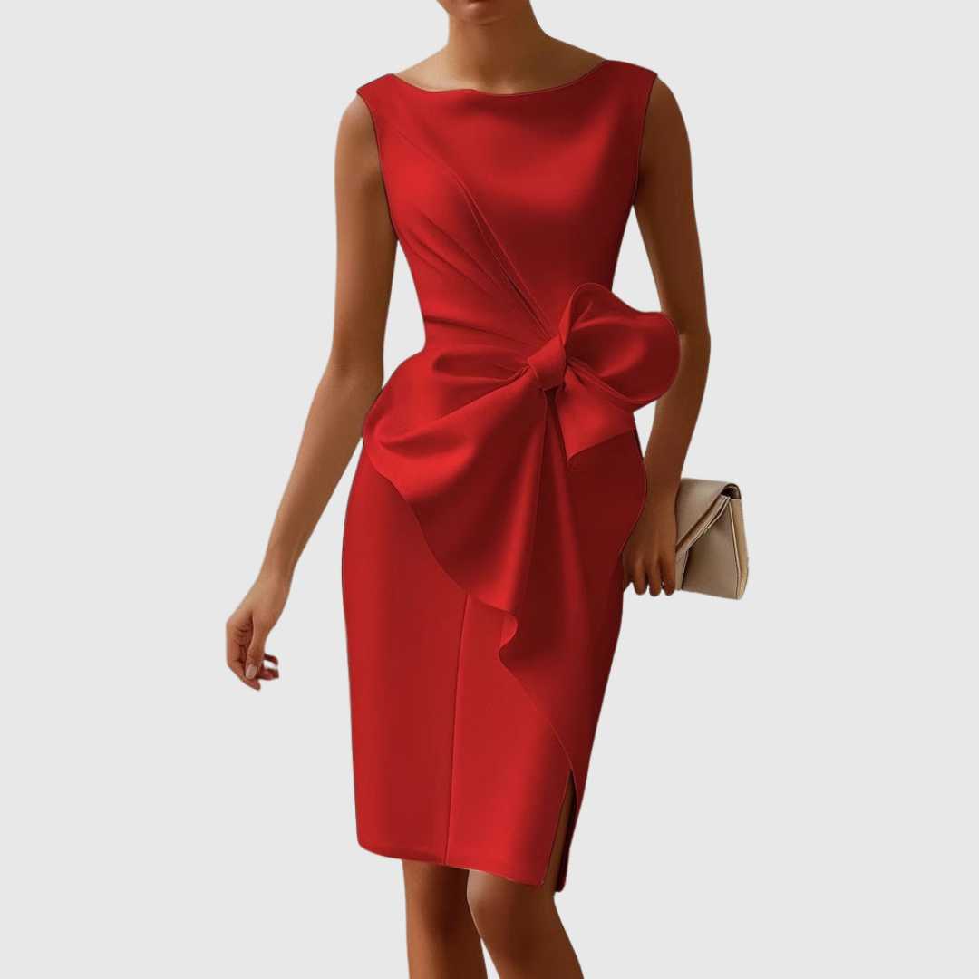 Adelaide | Women's Boat Neck Midi Dress with Sleeveless Design and Bow Detail