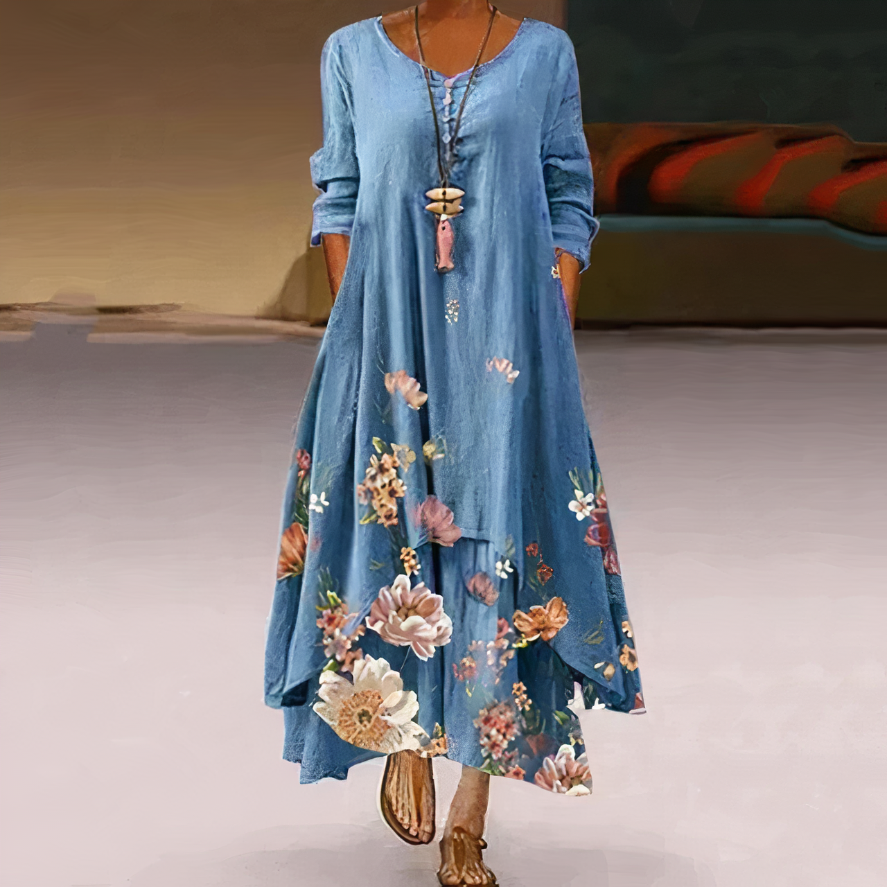 Flora | Women's Floral Print Long Sleeve Loose Maxi Dress