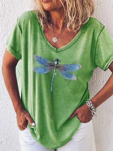 Harlow | Casual V-Neck Tee with Dragonfly Print and Short Sleeves