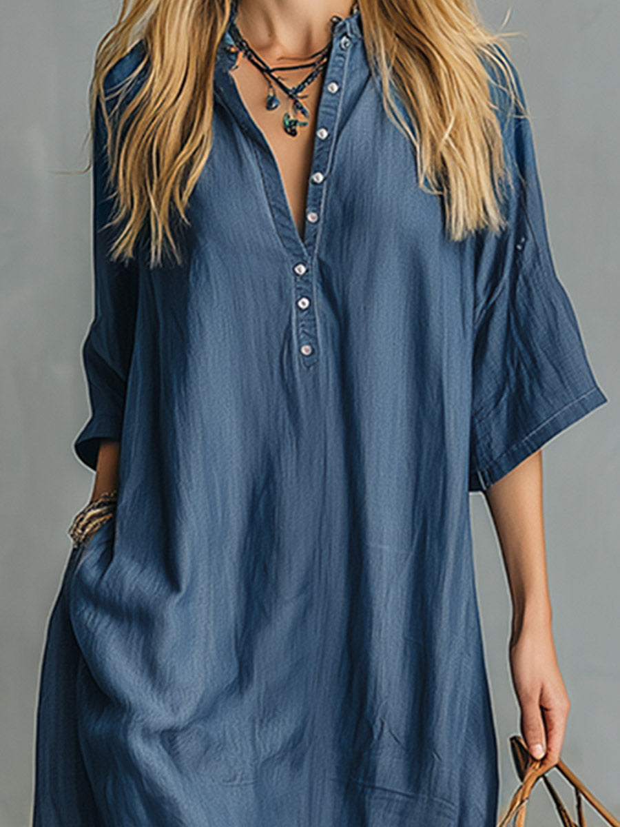 Georgia | Retro Blue Tencel Denim Short-sleeved Maxi Dress