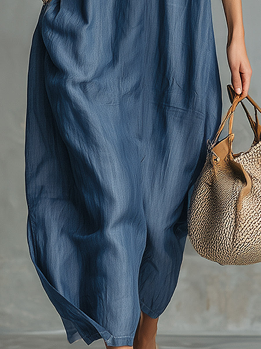 Georgia | Retro Blue Tencel Denim Short-sleeved Maxi Dress