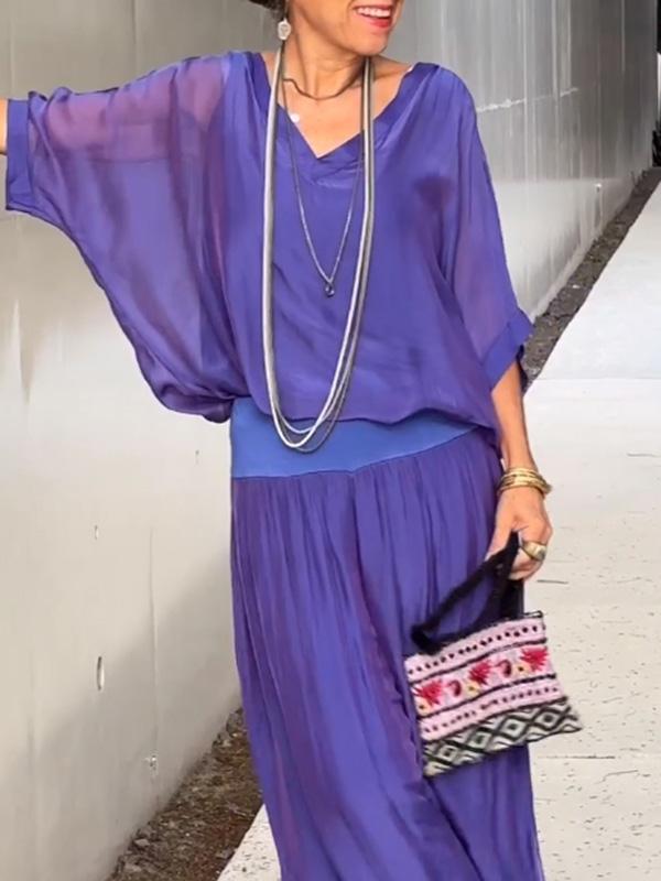 Celeste | Women's V-Neck Jumpsuit with Batwing Sleeves and Wide Legs