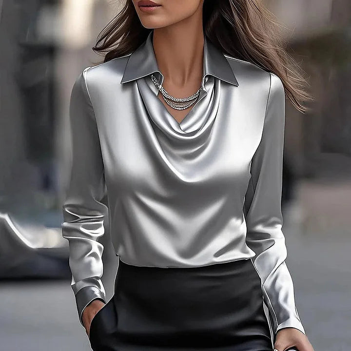 Adeline | Shiny Blouse with V-Neck and Short Sleeves