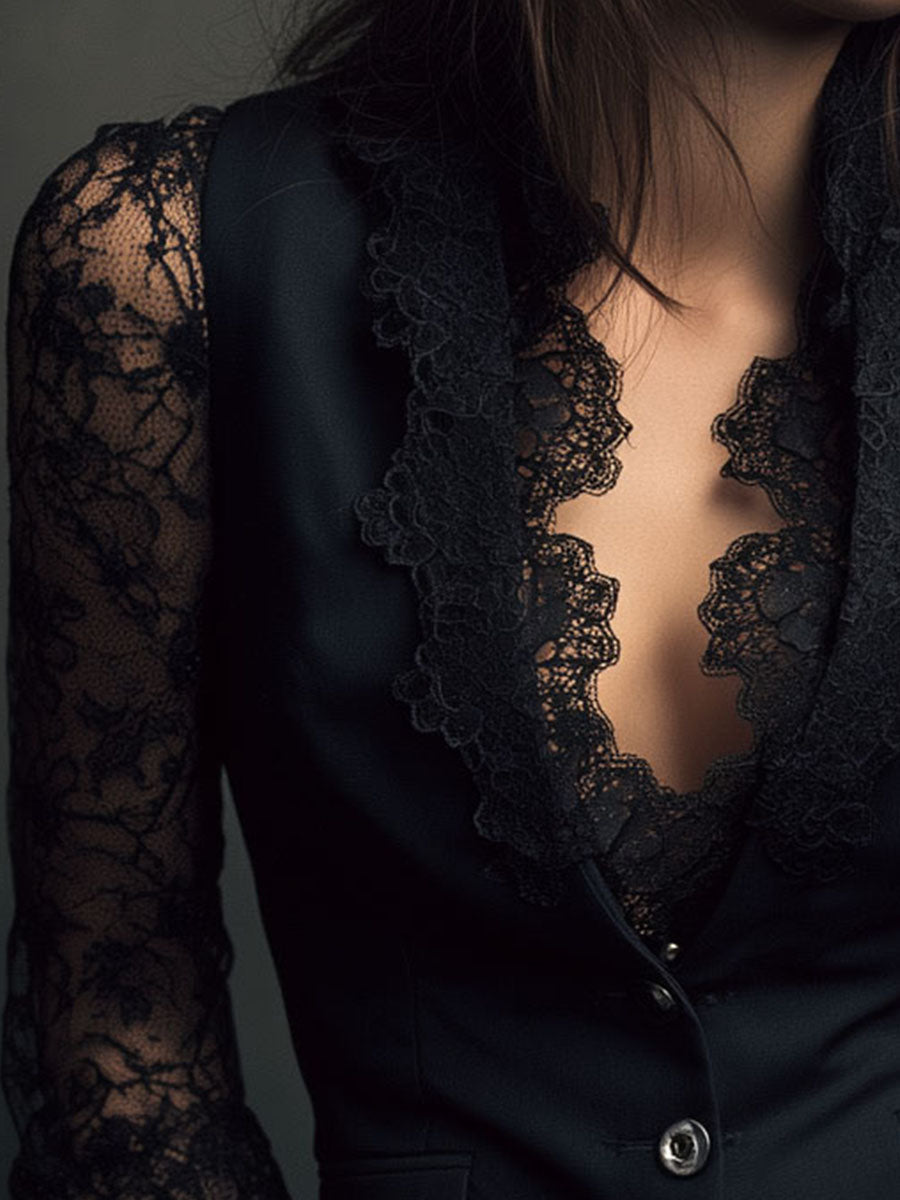Elegant Black Lace Panel Sleeve Blazer Top